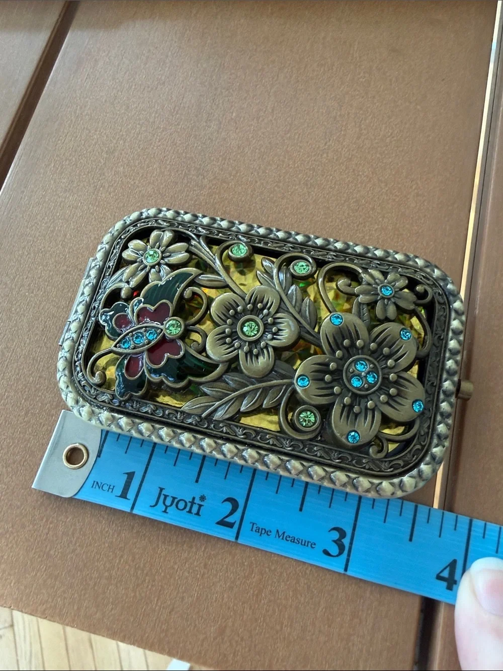 Amulya Brass Tone Floral Compact Mirror with Gem Accents